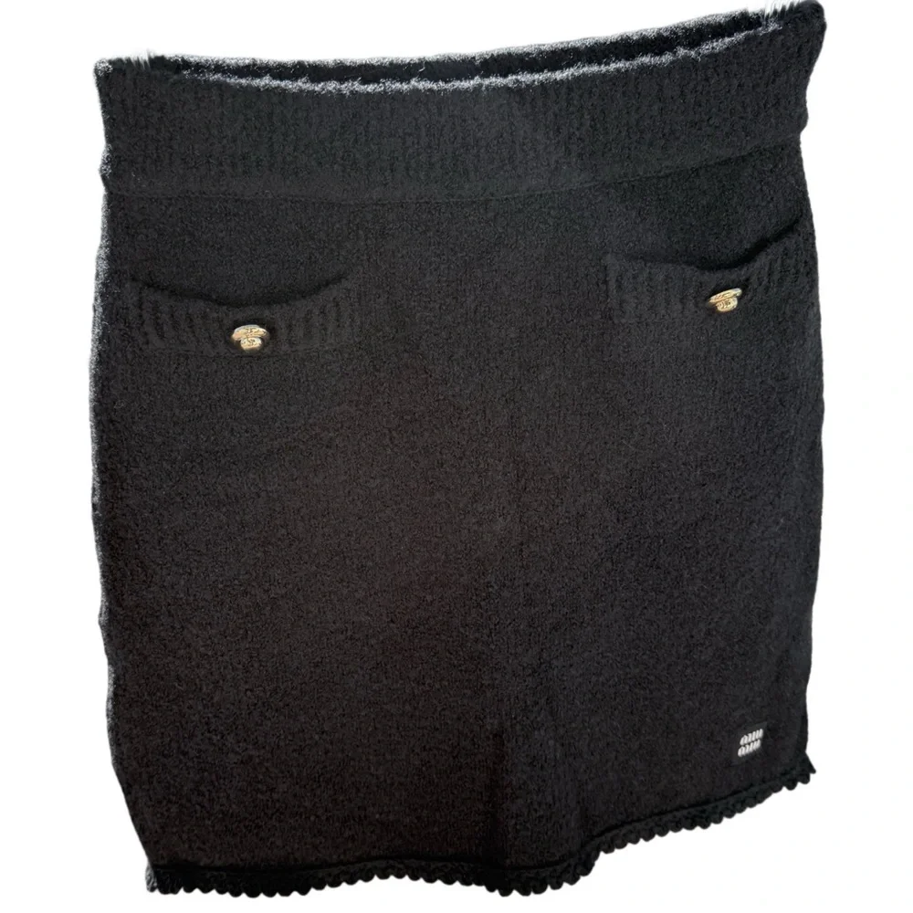 Miu Miu Bouclé Wool Mini Skirt Black Stretch Made in Italy IT 36 XS - Picture 10 of 17